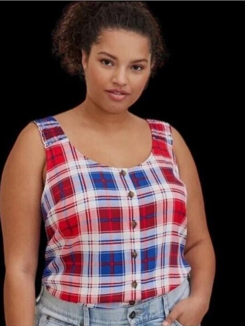 TORRID Size 2X Red White Blue Plaid Tank Top Button Front Shirt 4th of July